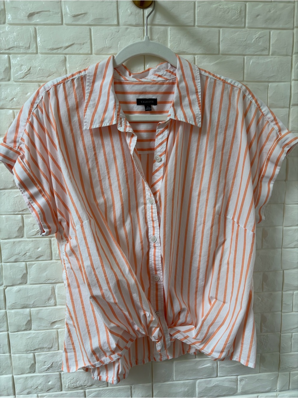 Talbots White & Orange Striped Short-Sleeve Button-Down Shirt
